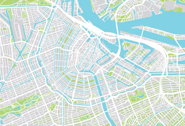 Stadskaart van Amsterdam met grachten, havens en groen